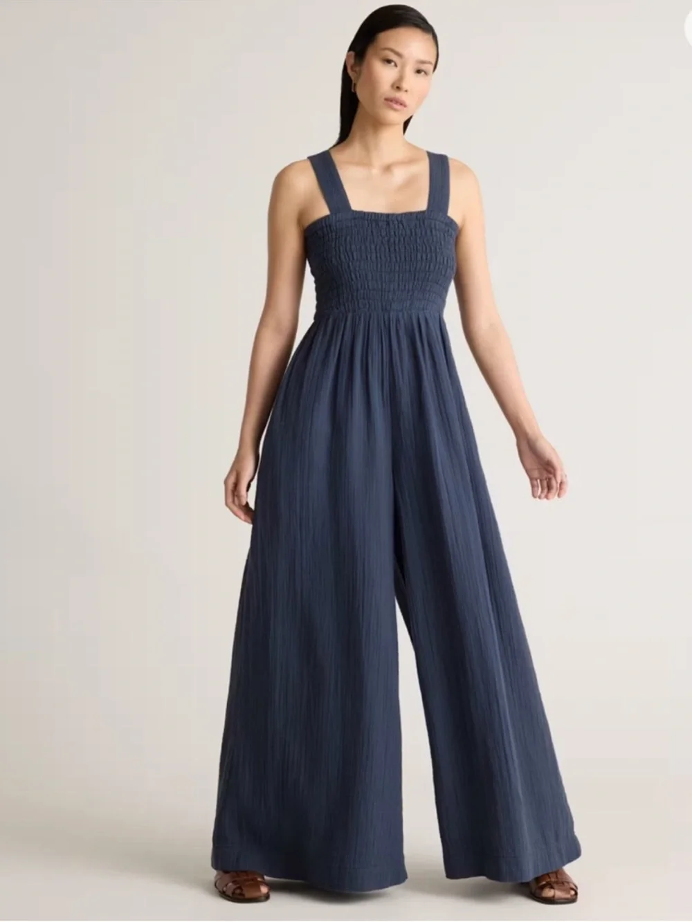 Quince Navy Wide-Leg Smocked Jumpsuit - Picture 1 of 4